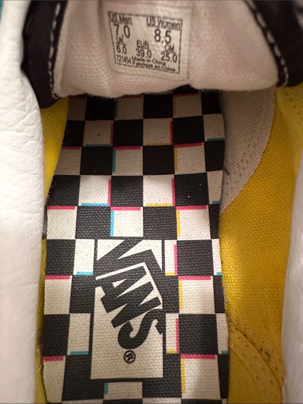 Vans Unisex US Mens 7 Women’s 8.5 Checkerboard Sneakers w/Teal, Yellow,Pink Blac